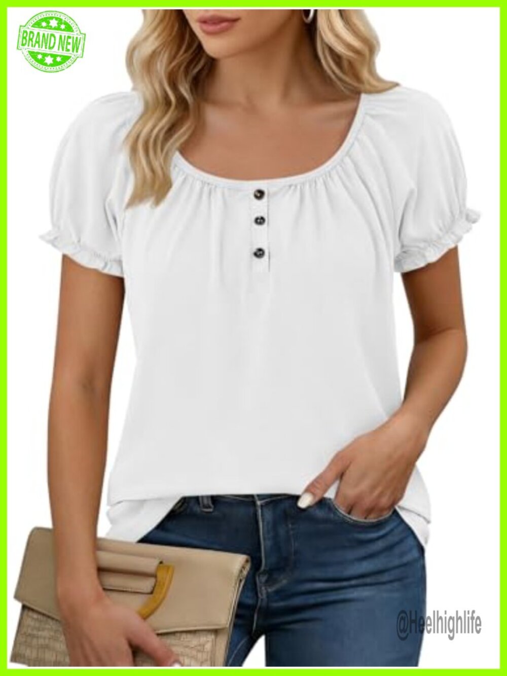 Womens V-Neck Puff Ruffle Sleeve T-Shirt Casual Summer Top